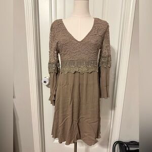 Easel Taupe Mini Dress with Lace Accents